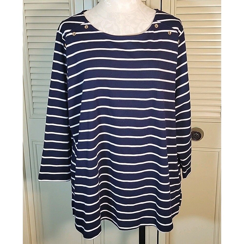 Kim Rogers Curvey 2X Navy/White Stripe Nautical Look Shirt Vacation Casual Top